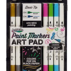 ArtSkills Paint Markers & Art Pad Set 6 Dual-Tip Markers + Black Paper Pad • NEW